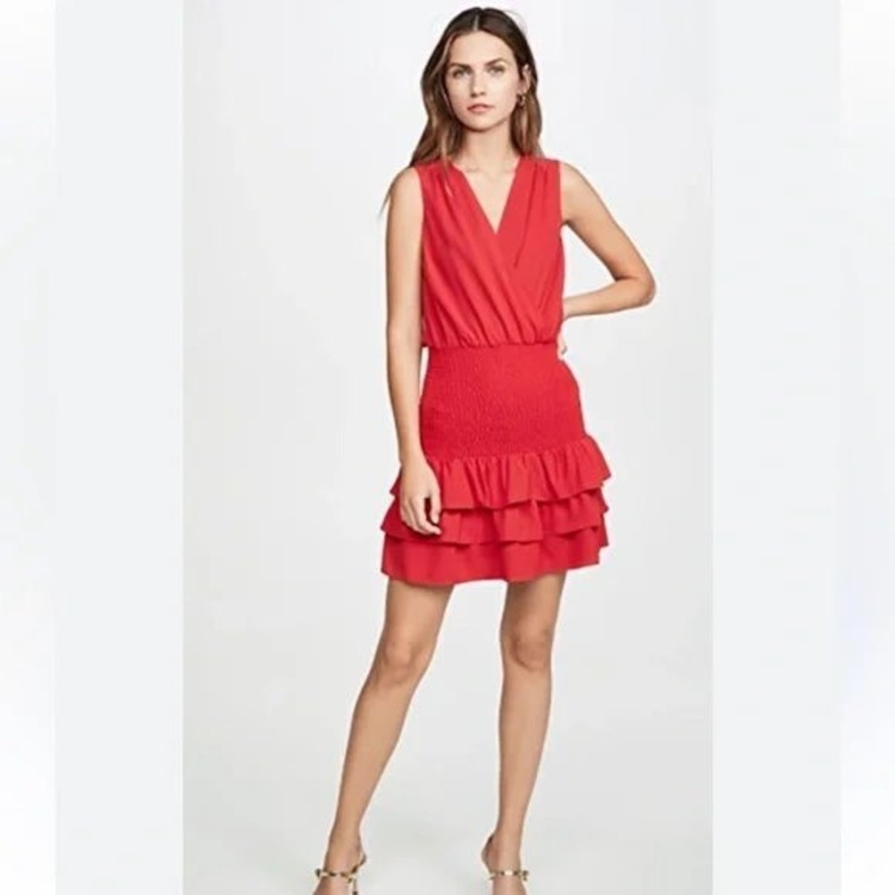 Amanda Uprichard Red Smocked Chantal Tiered Mini Dress Sleeveless Size Large